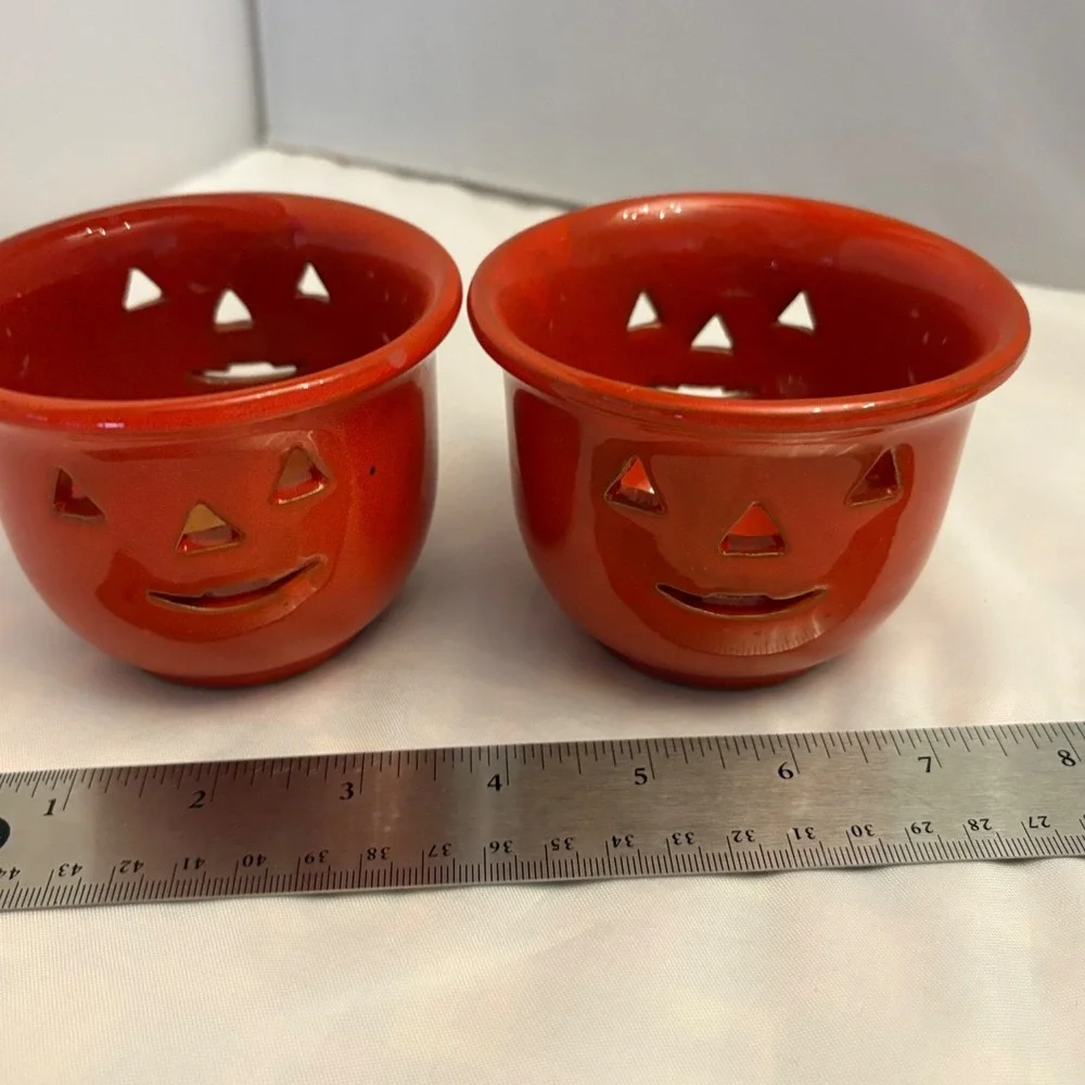 Pier 1 Imports 1990 Ceramic Pumpkin Tealight Holders Halloween Decor Fall Candle